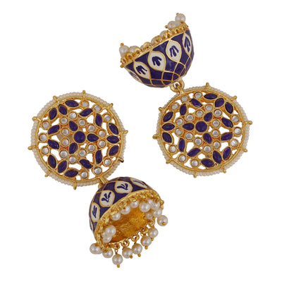 Estele Gold Plated Blue Meenakari Traditional Kundan Jhumki Earrings with Pearls for Women