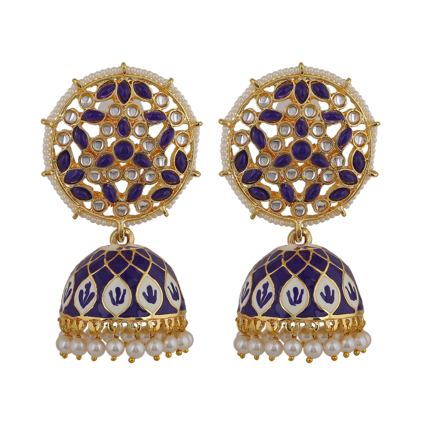 Estele Gold Plated Blue Meenakari Traditional Kundan Jhumki Earrings with Pearls for Women