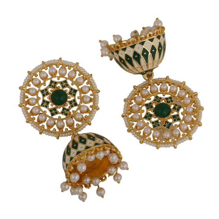 Estele Gold Plated Lovely Green Meenakari Traditional Kundan Jhumka Earrings with Pearls for Women