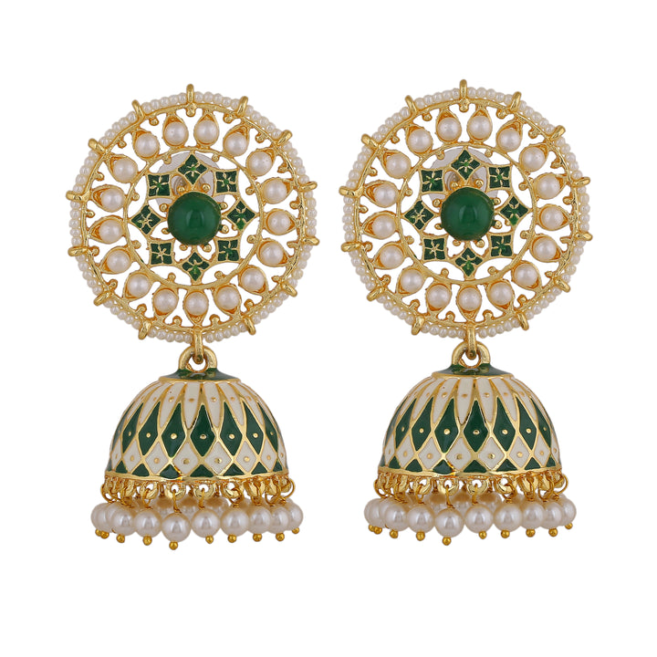 Estele Gold Plated Lovely Green Meenakari Traditional Kundan Jhumka Earrings with Pearls for Women