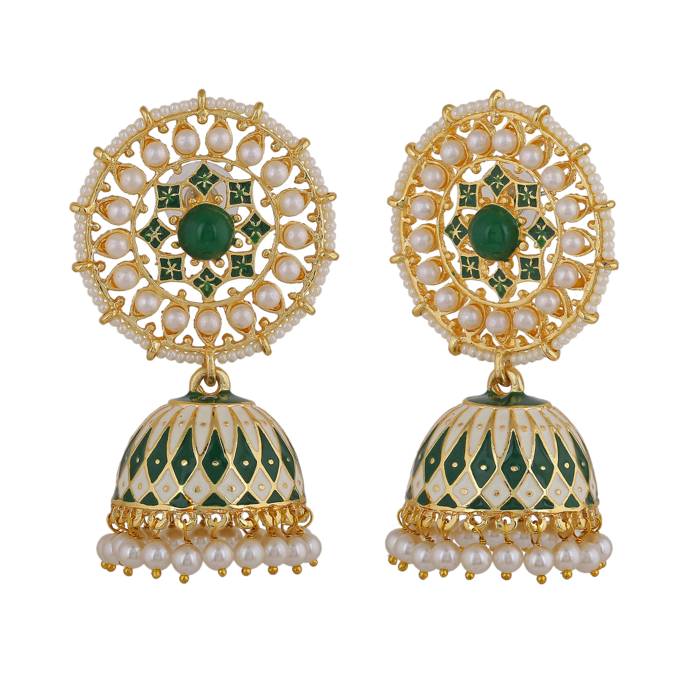 Estele Gold Plated Lovely Green Meenakari Traditional Kundan Jhumka Earrings with Pearls for Women