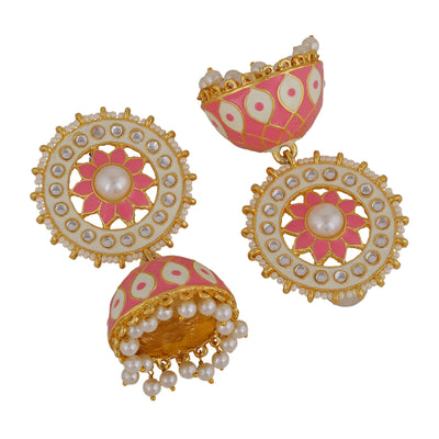 Estele Gold Plated Gorgeous Pink Meenakari Traditional Kundan Jhumka Earrings with Pearls for Women