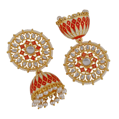 Estele Gold Plated Red Meenakari Traditional Kundan Jhumka Earrings with Pearl for Women