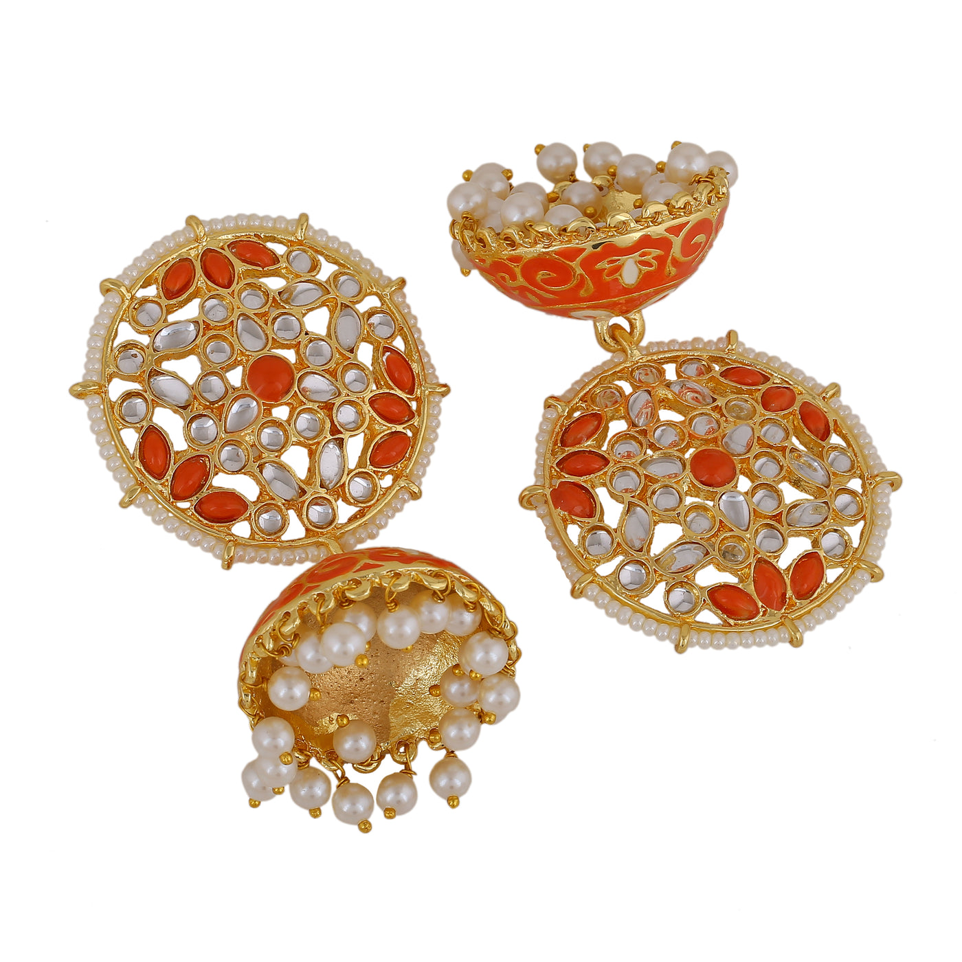 Estele Gold Plated Adorable Orange Meenakari Traditional Kundan Jhumka Earrings with Pearl for Women