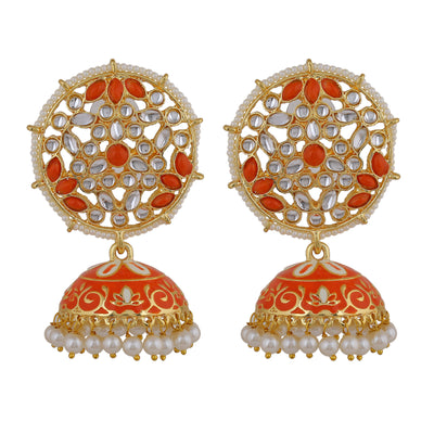 Estele Gold Plated Adorable Orange Meenakari Traditional Kundan Jhumka Earrings with Pearl for Women