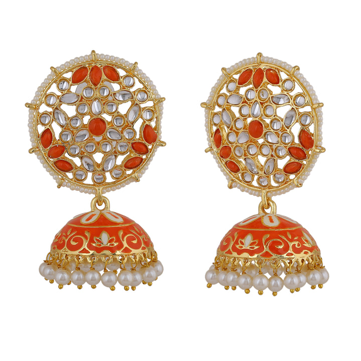 Estele Gold Plated Adorable Orange Meenakari Traditional Kundan Jhumka Earrings with Pearl for Women
