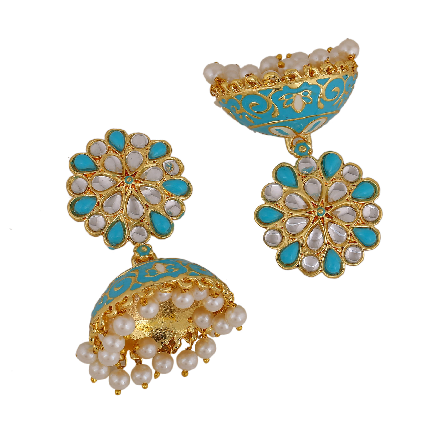 Estele Gold Plated Beautiful Blue Meenakari Traditional Kundan Jhumka Earrings with Pearls for Women