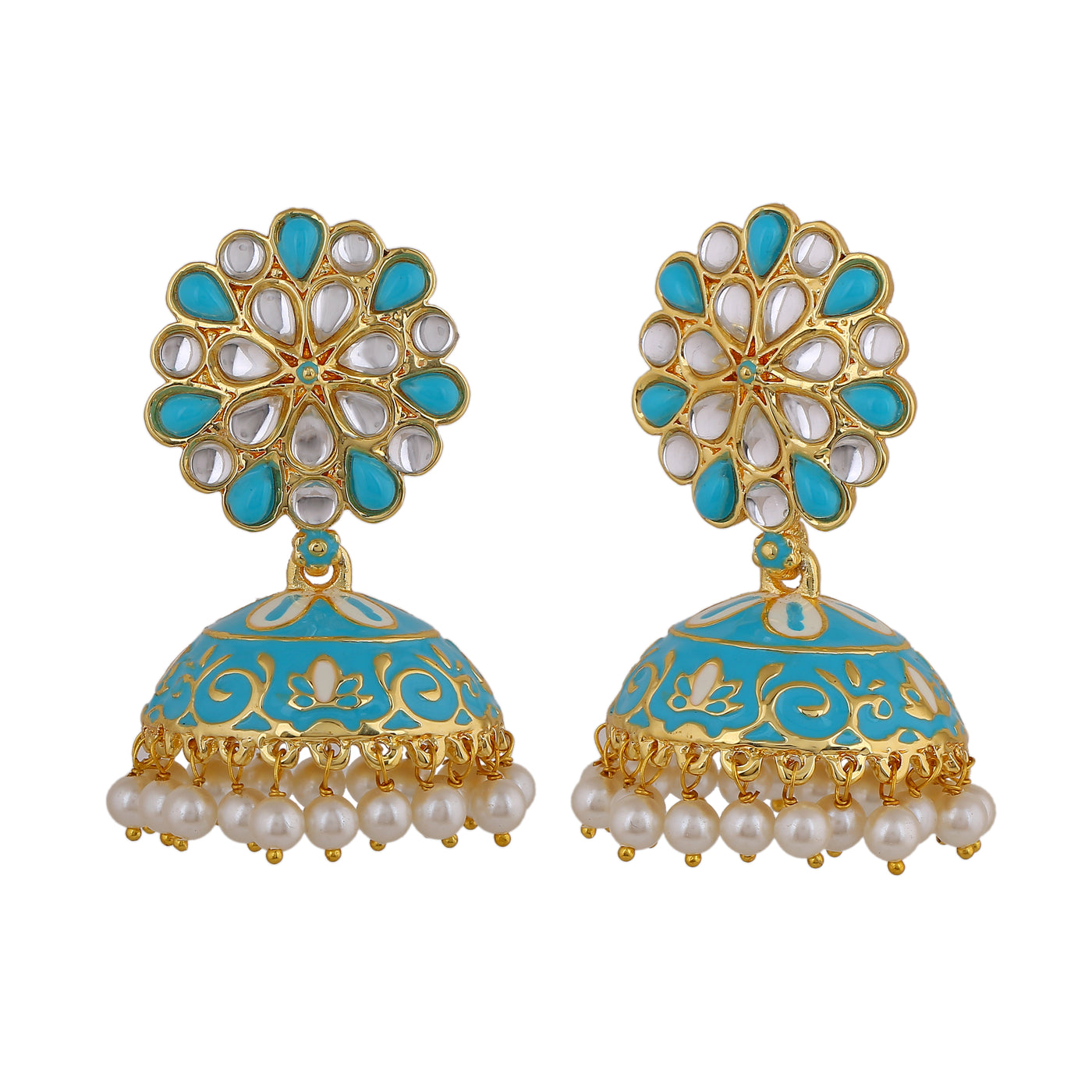 Estele Gold Plated Beautiful Blue Meenakari Traditional Kundan Jhumka Earrings with Pearls for Women