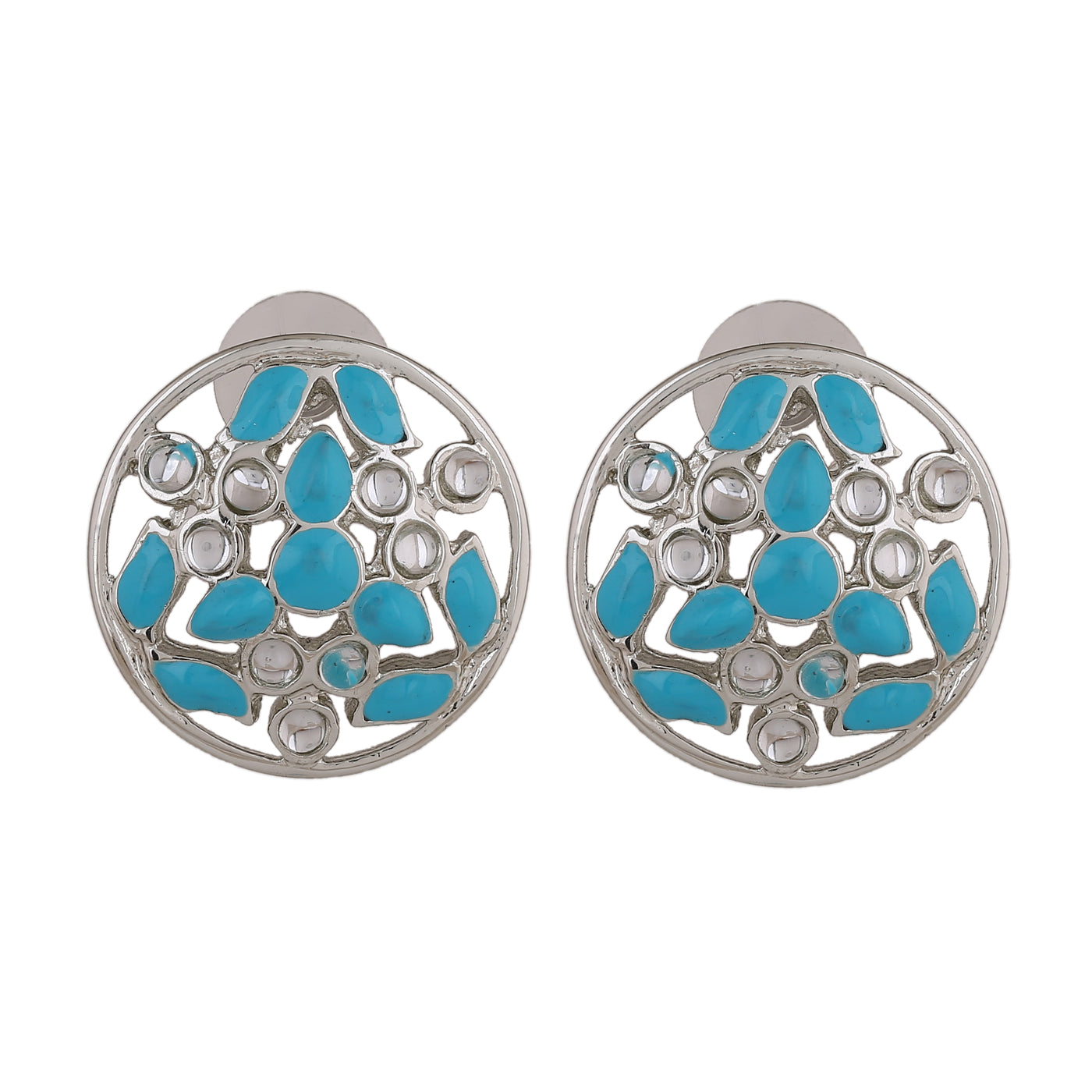 Estele Rhodium Plated Stylish Meenakari Kundan Stud Earrings with Blue Enamel for Women
