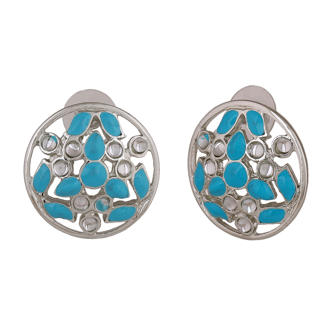 Estele Rhodium Plated Stylish Meenakari Kundan Stud Earrings with Blue Enamel for Women