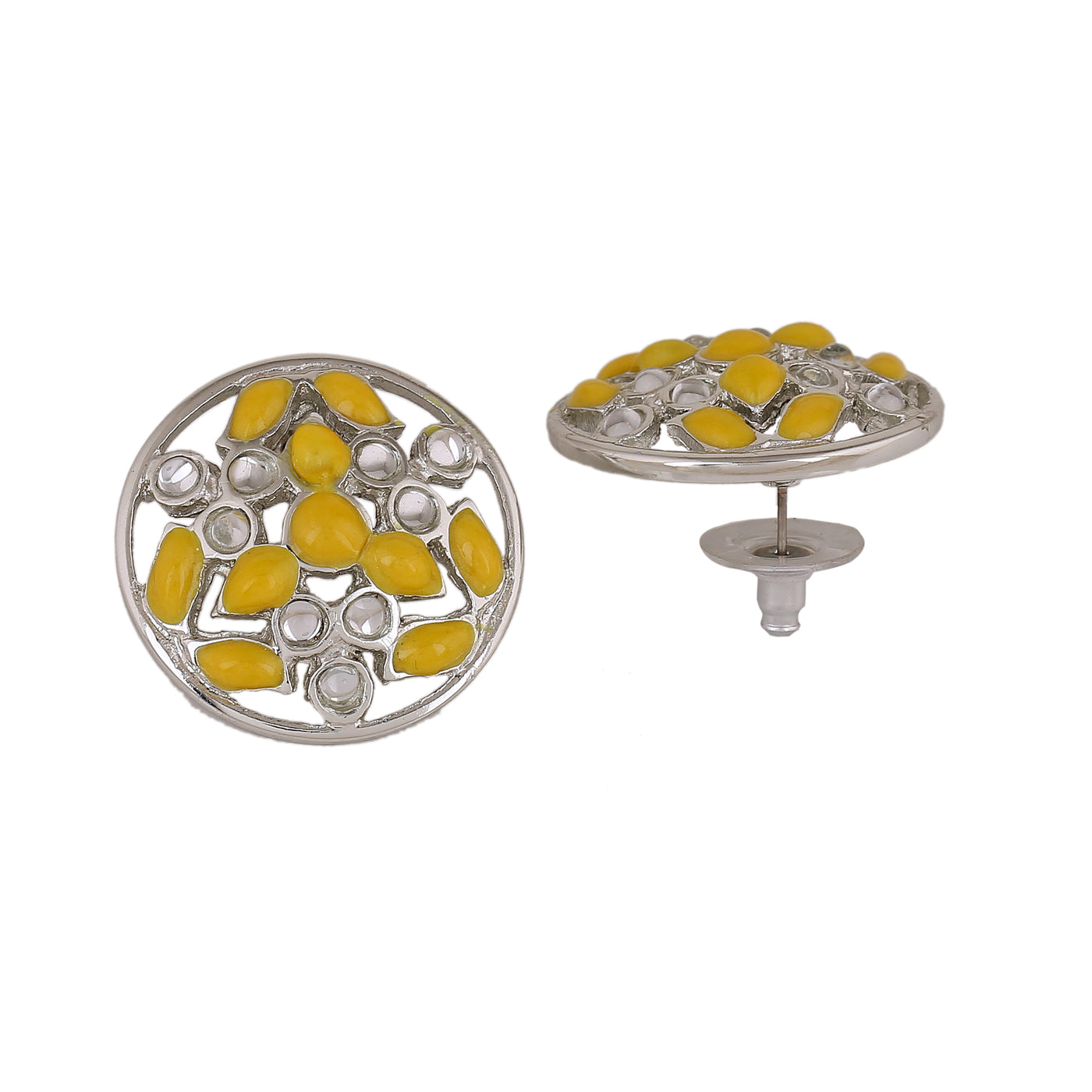 Estele Rhodium Plated Dazzling Meenakari Kundan Stud Earrings with Yellow Enamel for Women