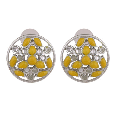 Estele Rhodium Plated Dazzling Meenakari Kundan Stud Earrings with Yellow Enamel for Women