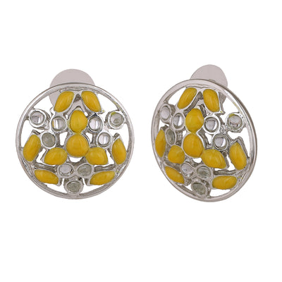 Estele Rhodium Plated Dazzling Meenakari Kundan Stud Earrings with Yellow Enamel for Women