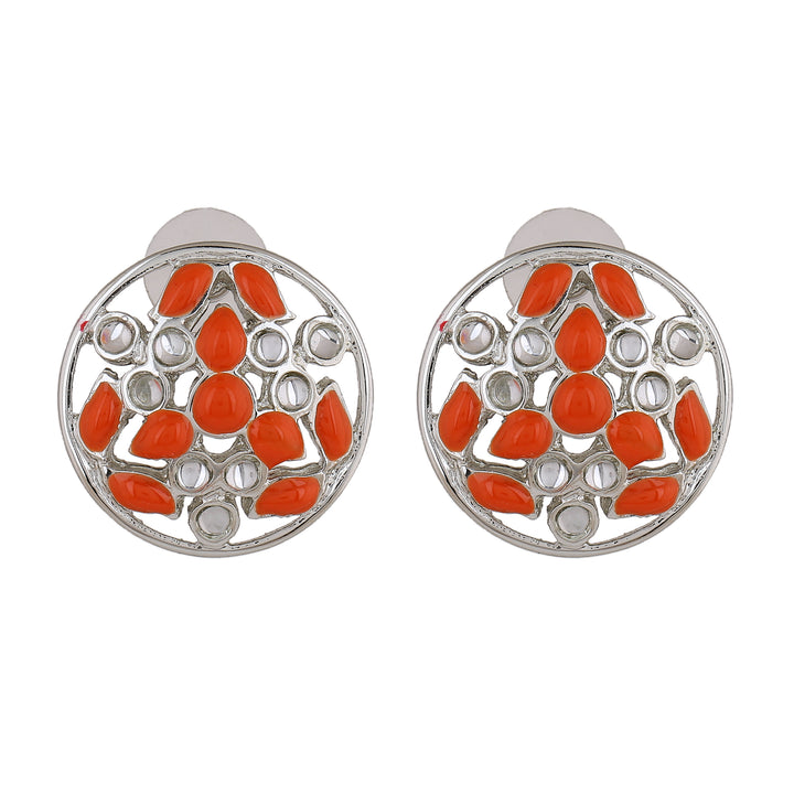 Estele Rhodium Plated Alluring Meenakari Kundan Stud Earrings with Orange Enamel for Women