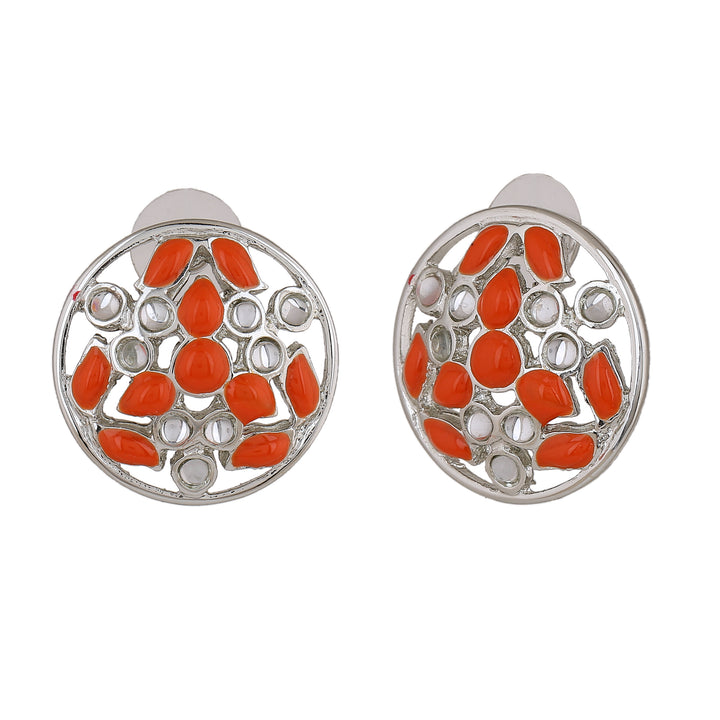 Estele Rhodium Plated Alluring Meenakari Kundan Stud Earrings with Orange Enamel for Women