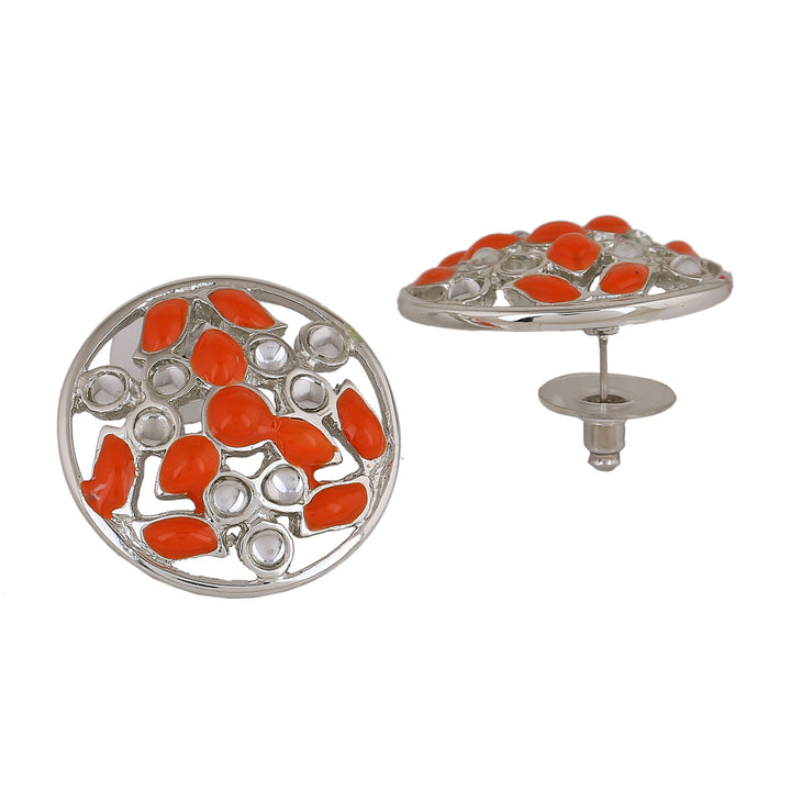 Estele Rhodium Plated Alluring Meenakari Kundan Stud Earrings with Orange Enamel for Women