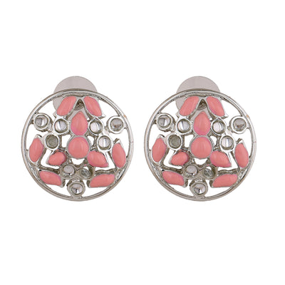 Estele Rhodium Plated Charming Meenakari Kundan Stud Earrings with Pink Enamel for Women