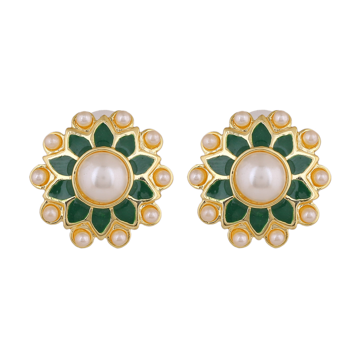 Estele Gold Plated Fascinating Meenakari Pearl Stud Earrings with Green Enamel for Women