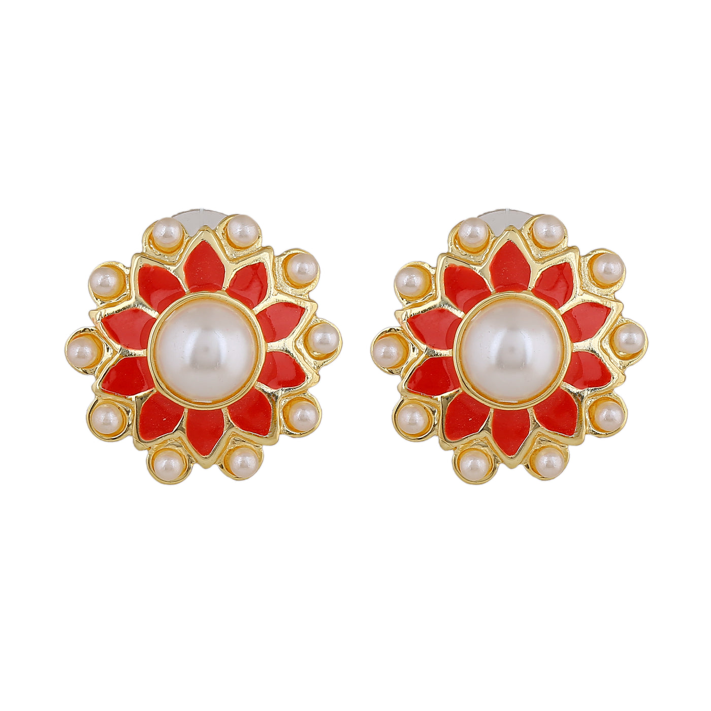 Estele Gold Plated Beautiful Meenakari Pearl Stud Earrings with Red Enamel for Women