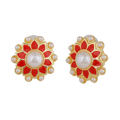 Estele Gold Plated Beautiful Meenakari Pearl Stud Earrings with Red Enamel for Women