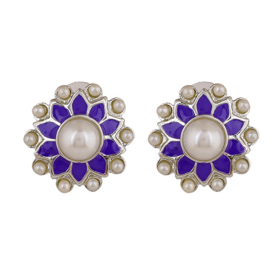 Estele Rhodium Plated Charming Meenakari Pearl Stud Earrings with Violet Enamel for Women