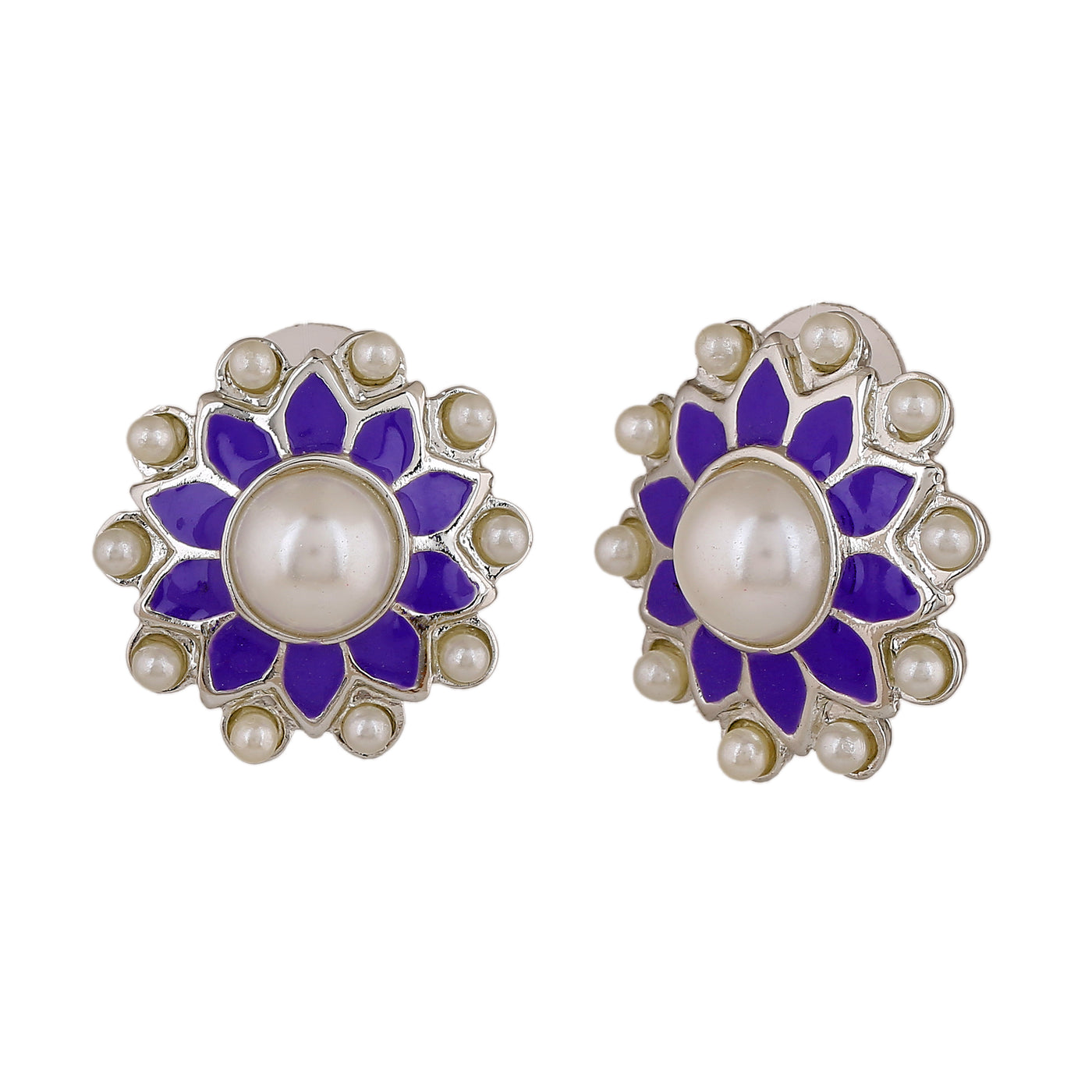 Estele Rhodium Plated Charming Meenakari Pearl Stud Earrings with Violet Enamel for Women