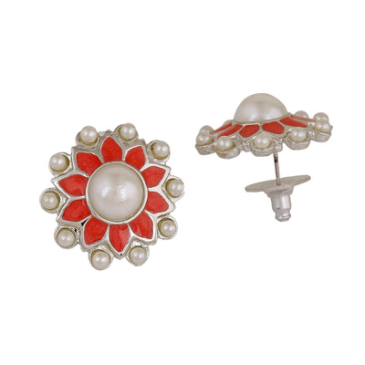 Estele Rhodium Plated Flower Meenakari Pearl Stud Earrings with Pink Enamel for Women