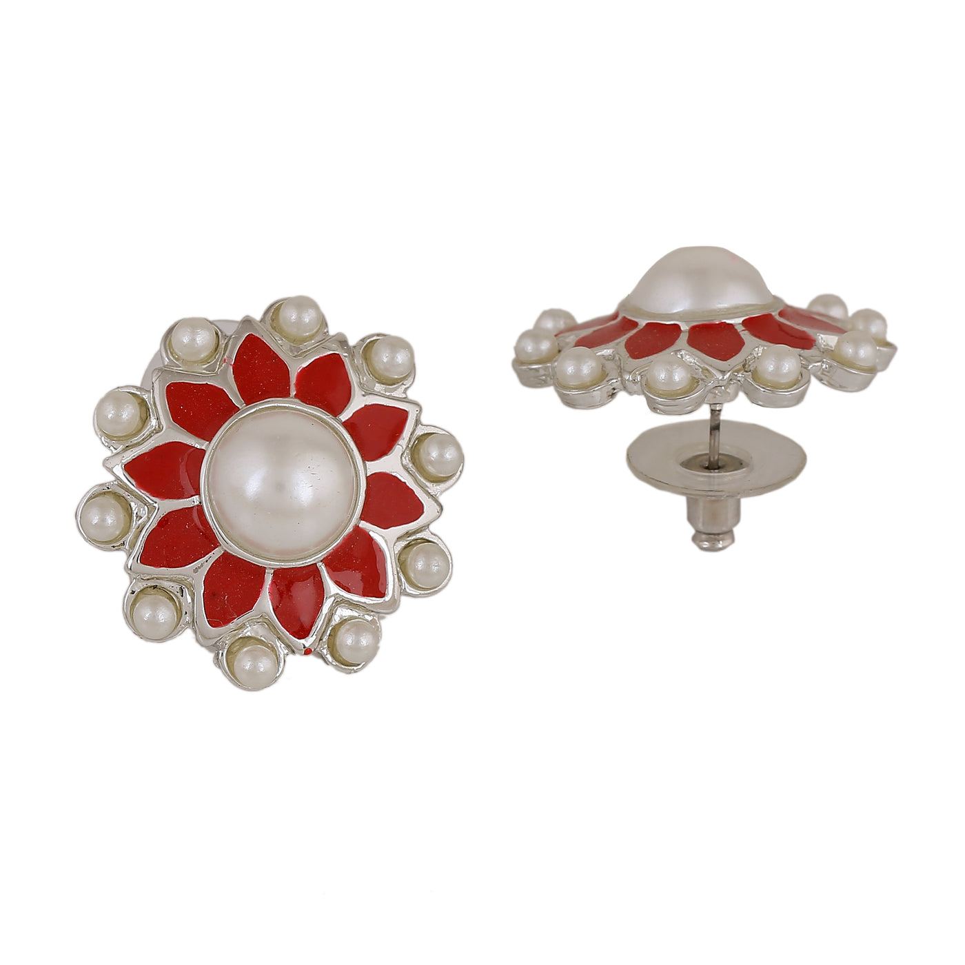 Estele Rhodium Plated Glamorous Meenakari Pearl Stud Earrings with Red Enamel for Women