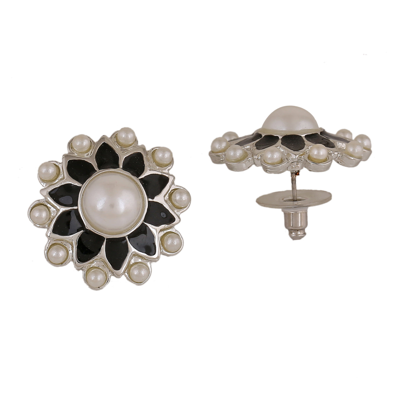 Estele Rhodium Plated Elegant Meenakari Pearl Stud Earrings with Black Enamel for Women