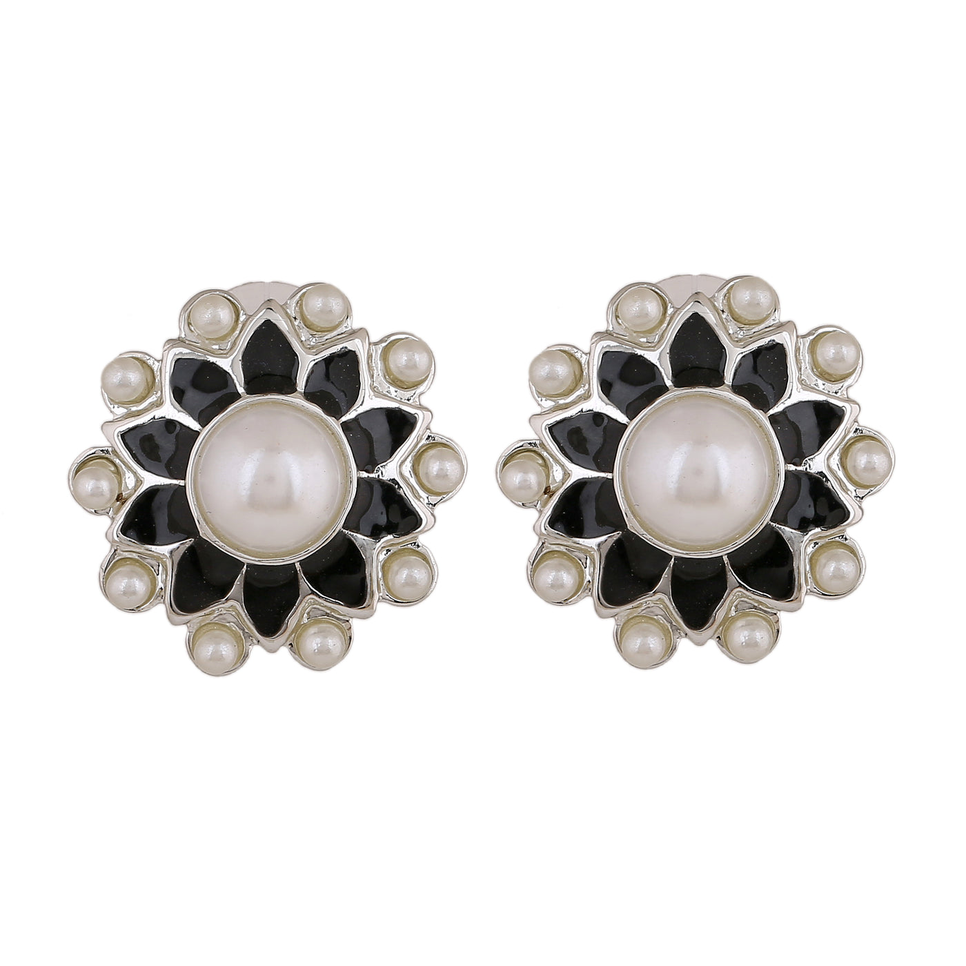 Estele Rhodium Plated Elegant Meenakari Pearl Stud Earrings with Black Enamel for Women