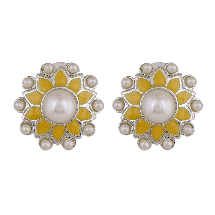 Estele Rhodium Plated Classic Meenakari Pearl Stud Earrings with Yellow Enamel for Women