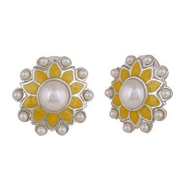 Estele Rhodium Plated Classic Meenakari Pearl Stud Earrings with Yellow Enamel for Women