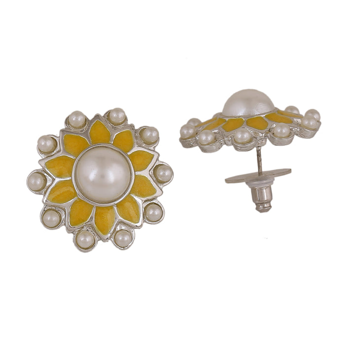 Estele Rhodium Plated Classic Meenakari Pearl Stud Earrings with Yellow Enamel for Women