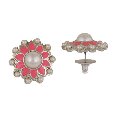 Estele Rhodium Plated Classic Meenakari Pearl Stud Earrings with Pink Enamel for Women