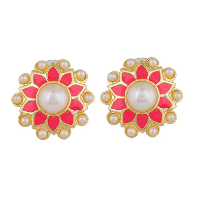 Estele Gold Plated Sparkling Meenakari Pearl Stud Earrings with Pink Enamel for Women