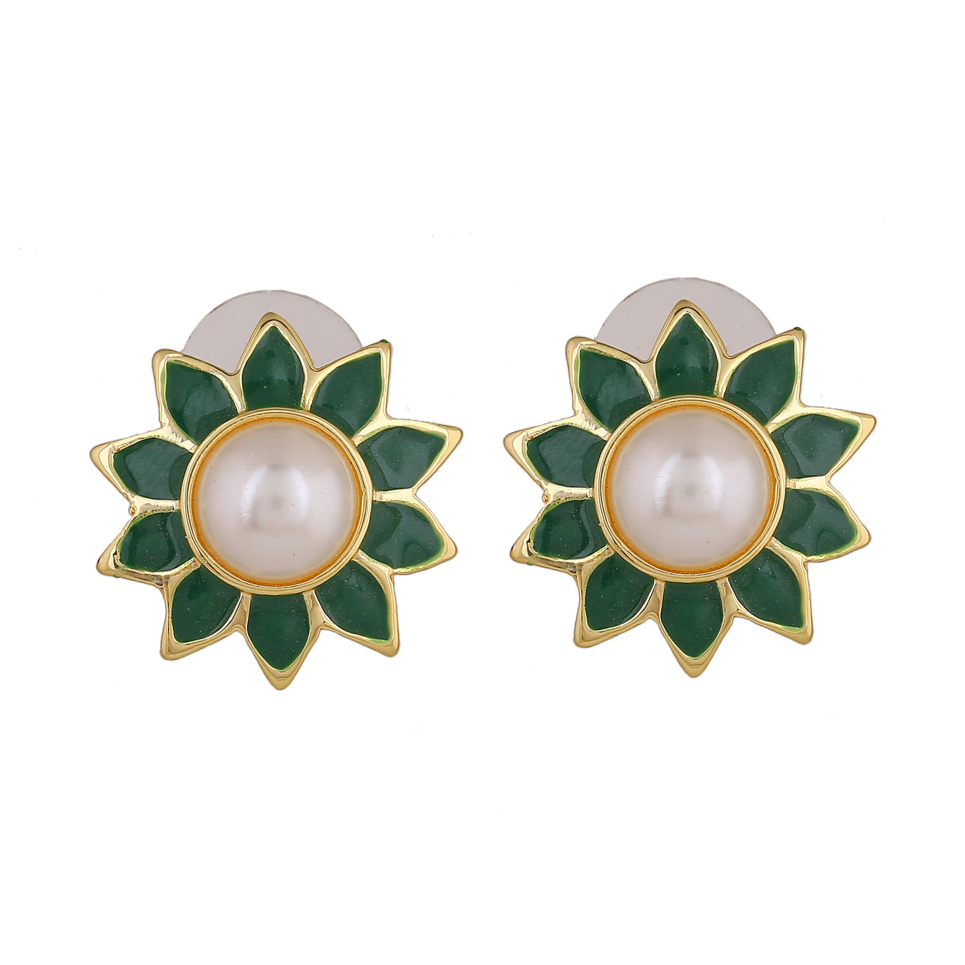 Estele Gold Plating Flower Shaped Meenakari Pearl Stud Earrings with Green Enamel for Women