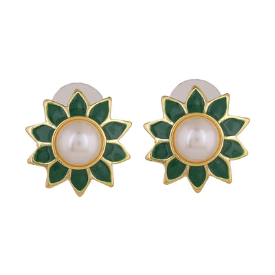 Estele Gold Plating Flower Shaped Meenakari Pearl Stud Earrings with Green Enamel for Women