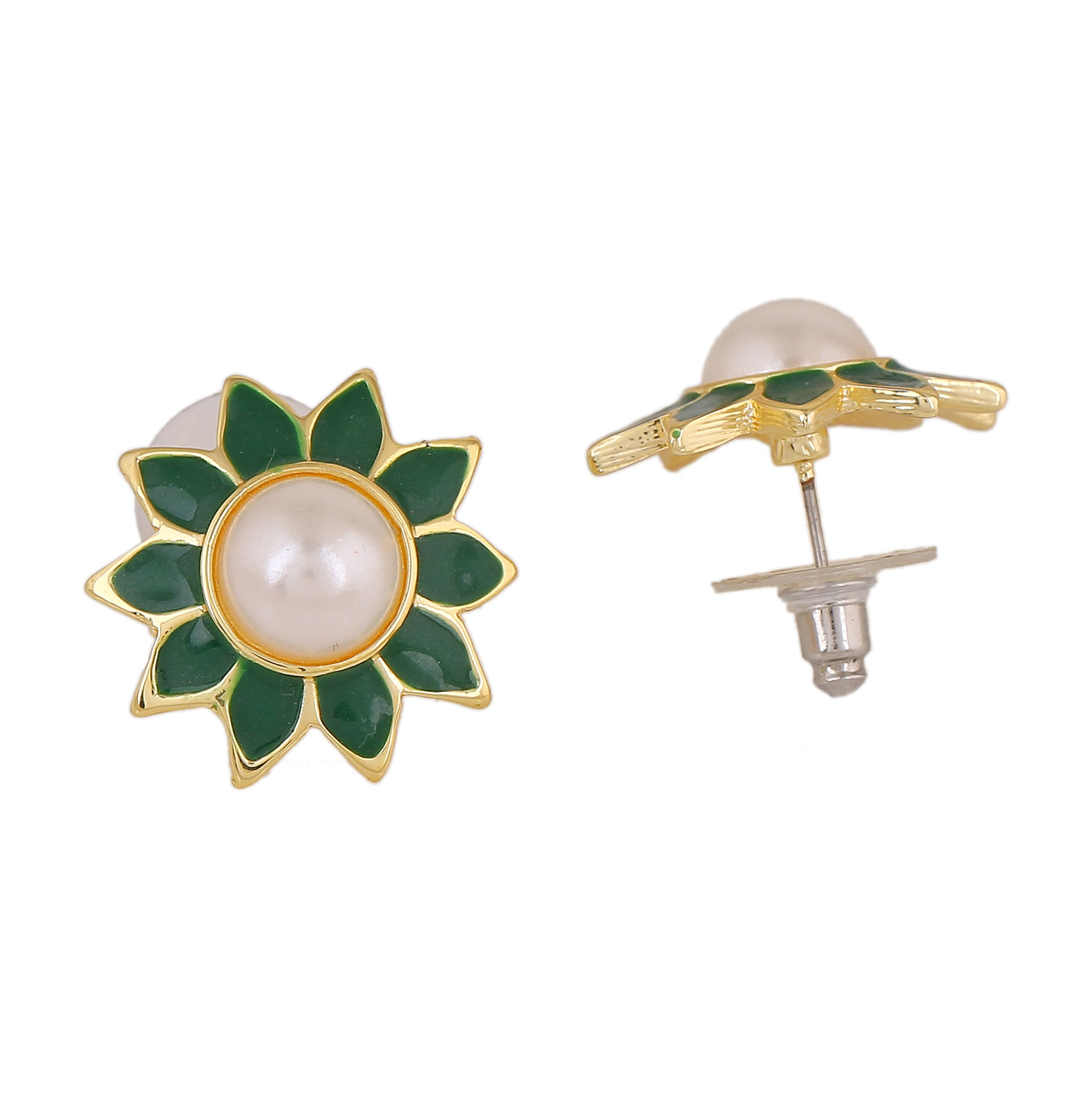 Estele Gold Plating Flower Shaped Meenakari Pearl Stud Earrings with Green Enamel for Women