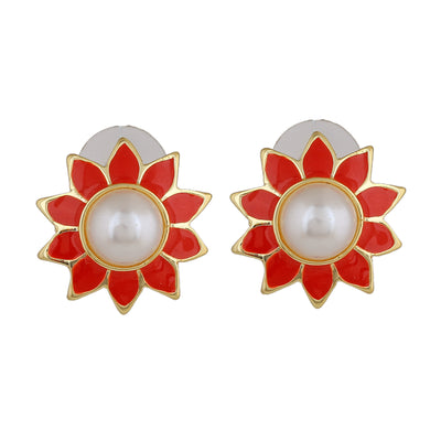Estele Gold Plated Floral Red Meenakari Stud Earrings with Pearl for Women