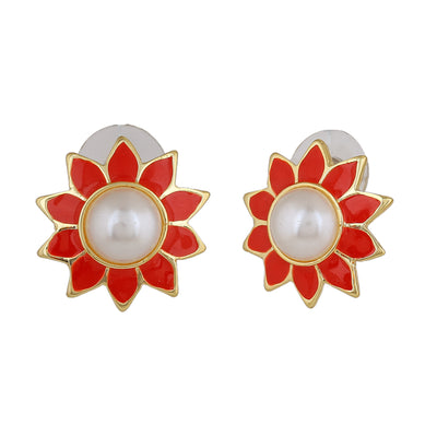Estele Gold Plated Floral Red Meenakari Stud Earrings with Pearl for Women
