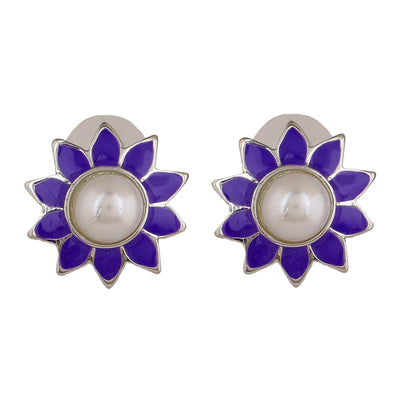 Estele Rhodium Plated Elegant Violet Meenakari Pearl Stud Earrings for Women
