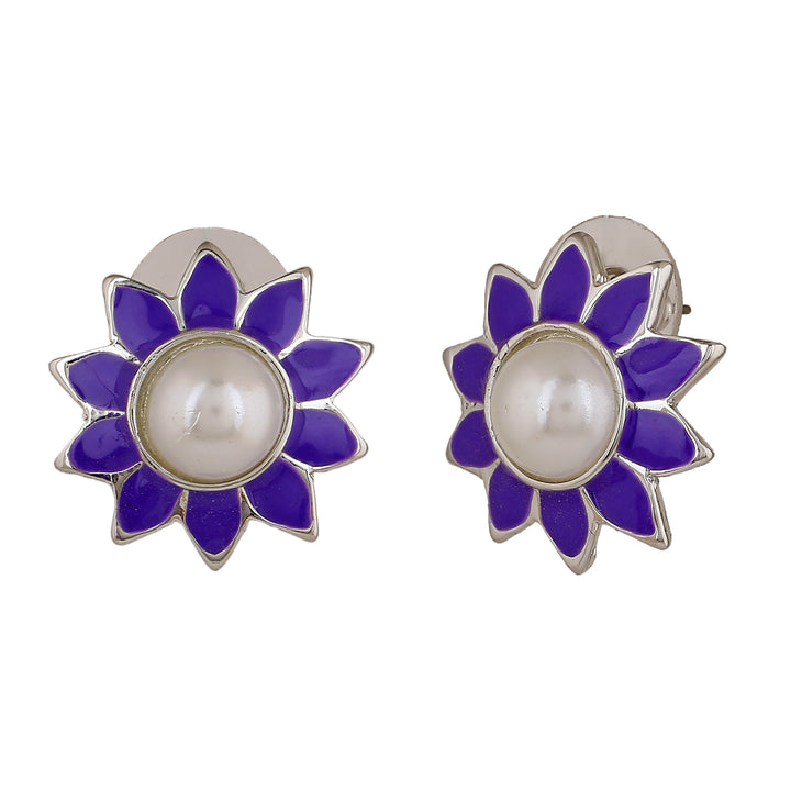 Estele Rhodium Plated Elegant Violet Meenakari Pearl Stud Earrings for Women