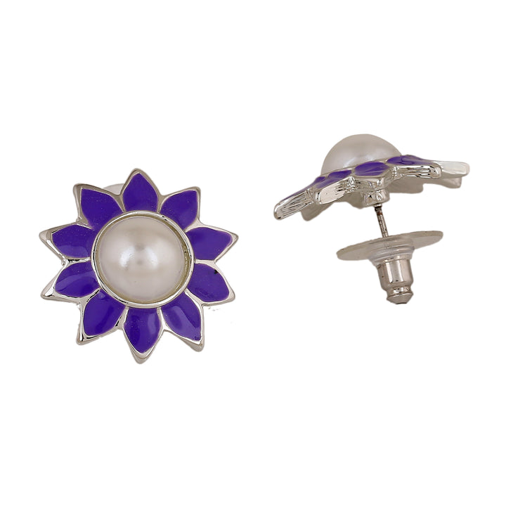 Estele Rhodium Plated Elegant Violet Meenakari Pearl Stud Earrings for Women