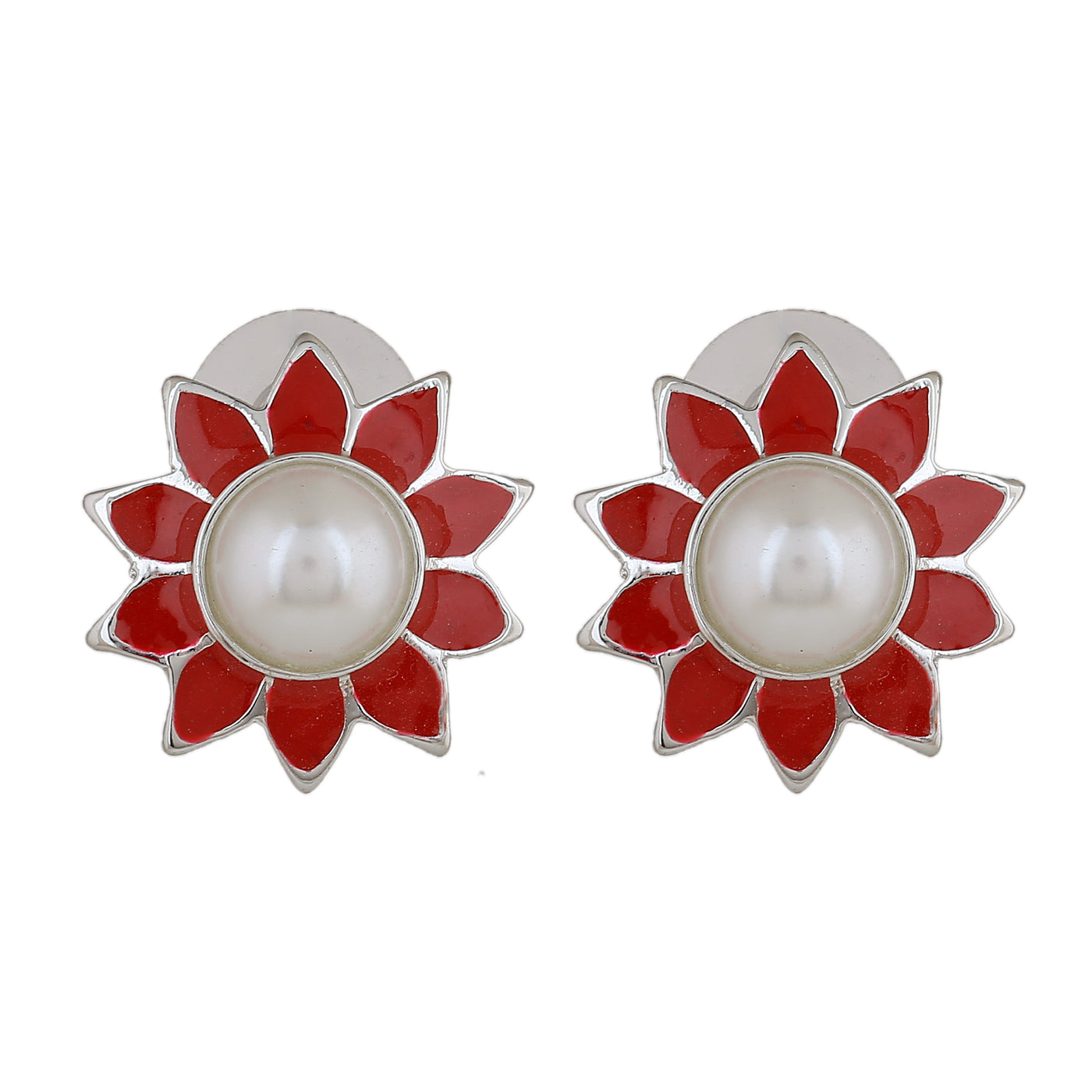 Estele Rhodium Plated Stunning Meenakari Pearl Stud Earrings with Red Enamel for Women