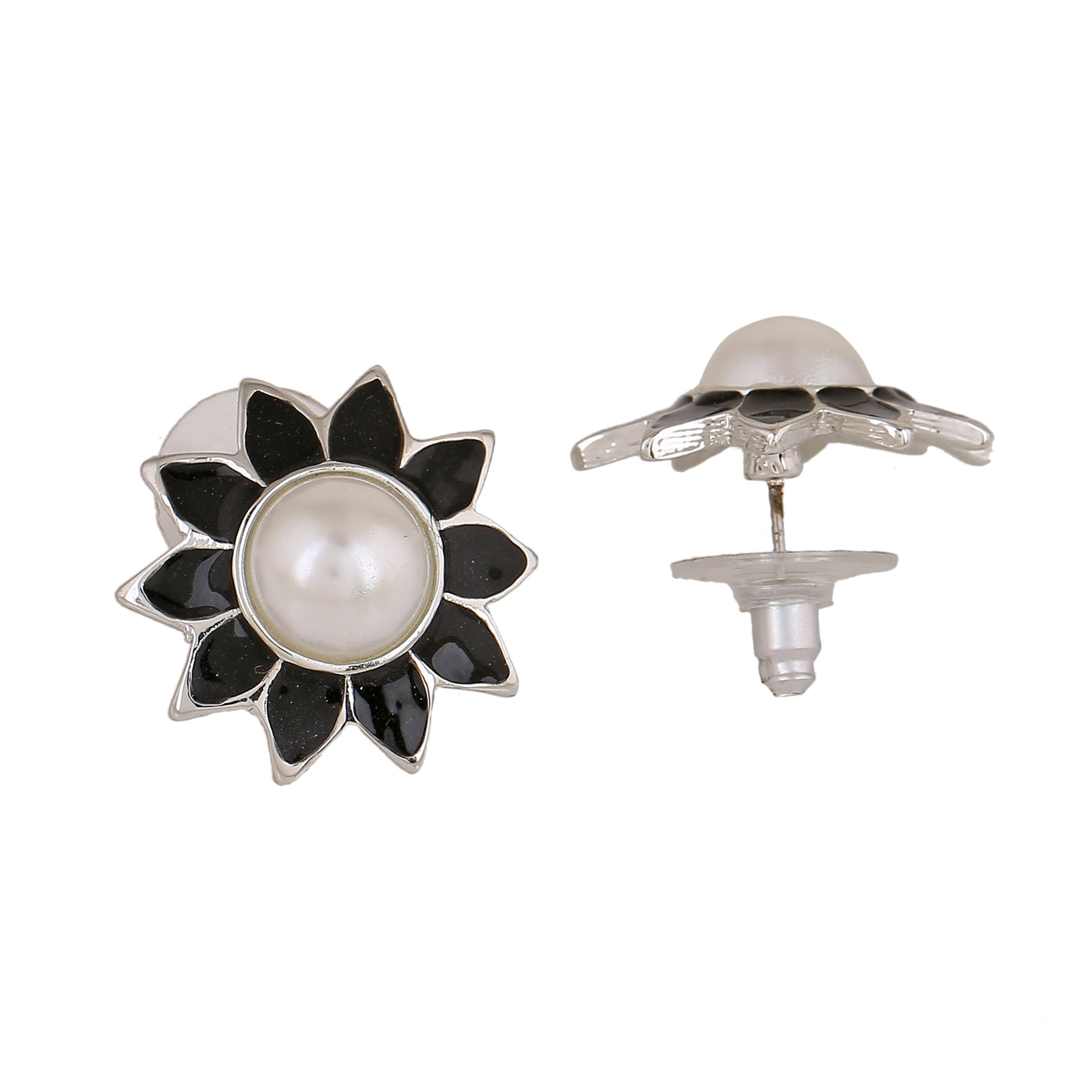 Estele Rhodium Plated Glowing Meenakari Pearl Stud Earrings with Black Enamel for Women