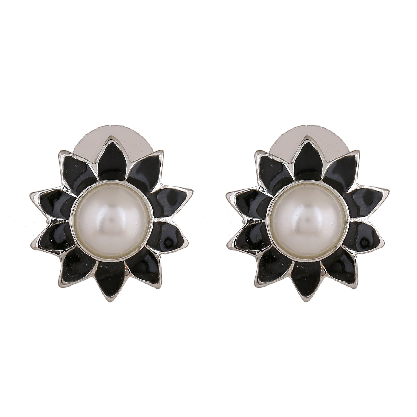 Estele Rhodium Plated Glowing Meenakari Pearl Stud Earrings with Black Enamel for Women