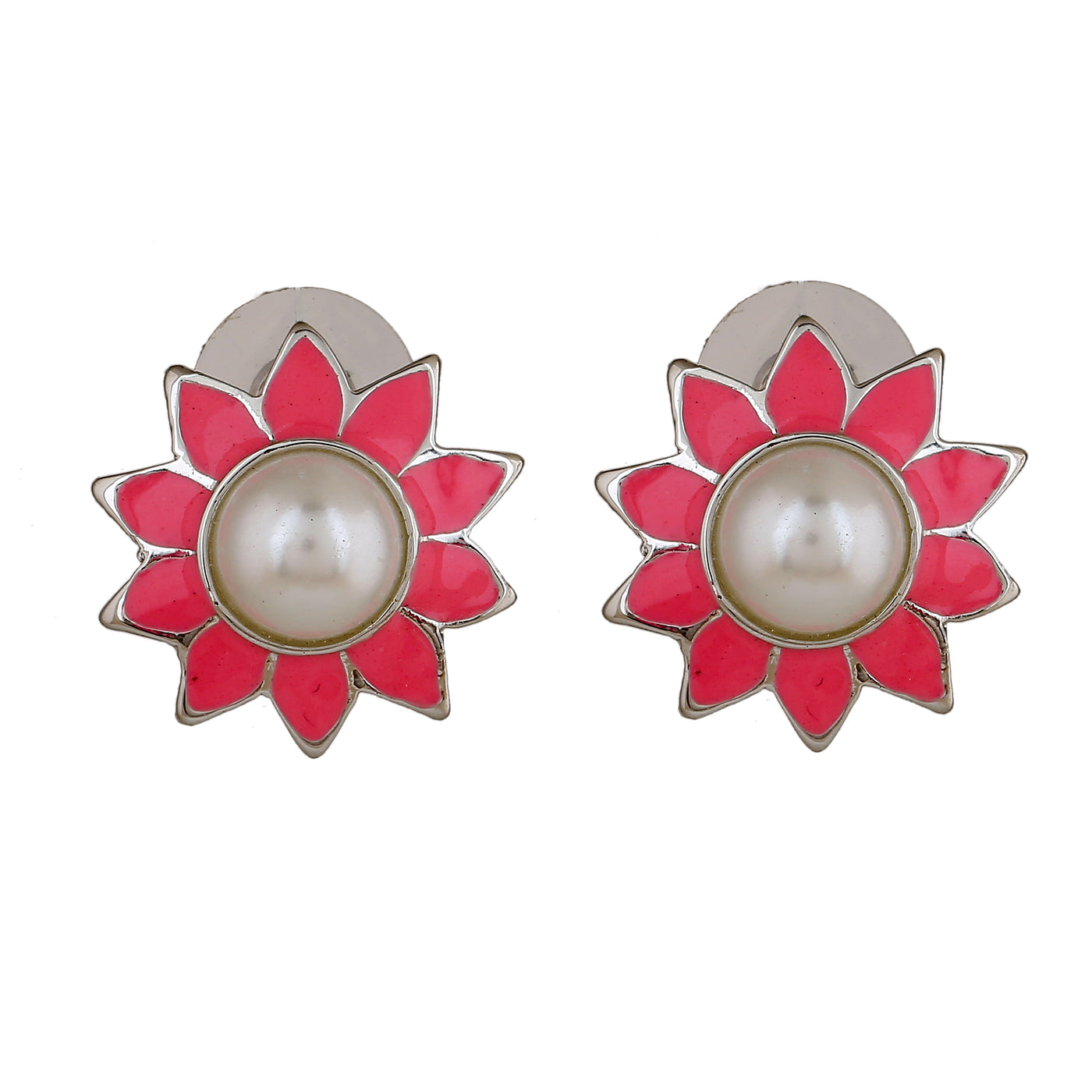 Estele Rhodium Plated Lovely Meenakari Pearl Stud Earrings with Pink Enamel for Women