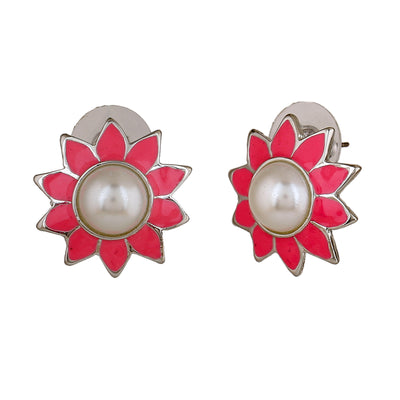 Estele Rhodium Plated Lovely Meenakari Pearl Stud Earrings with Pink Enamel for Women
