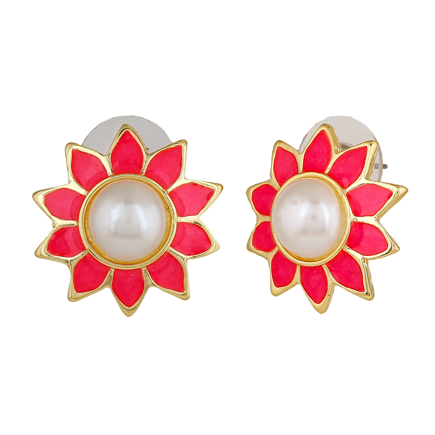 Estele Gold Plated Classic Pink Meenakari Pearl Stud Earrings for Women
