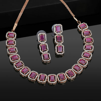 Estele Rose Gold Plated CZ Ossum Octagon Necklace Set with Ruby Stones for Women